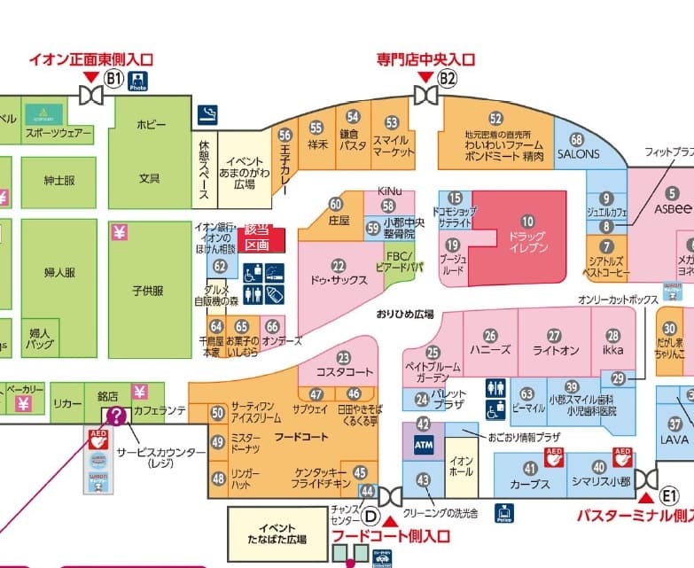 専門店フロア 飲食街入り口近くの図面・フロアマップ