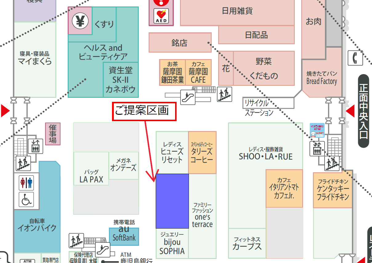 1F 専門店街入り口近く ファッション・雑貨区画の図面・フロアマップ